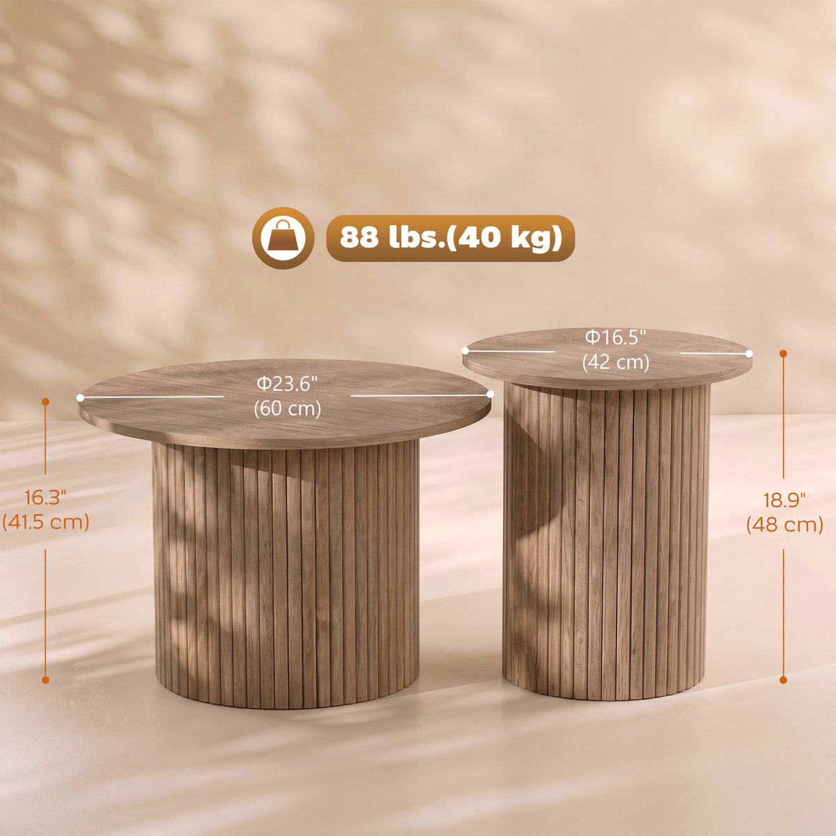 HOMCOM Round Nesting Coffee Table Set of 2, Fluted Mid Century Modern Circle Side Tables, Weathered Coffee Wood Grain