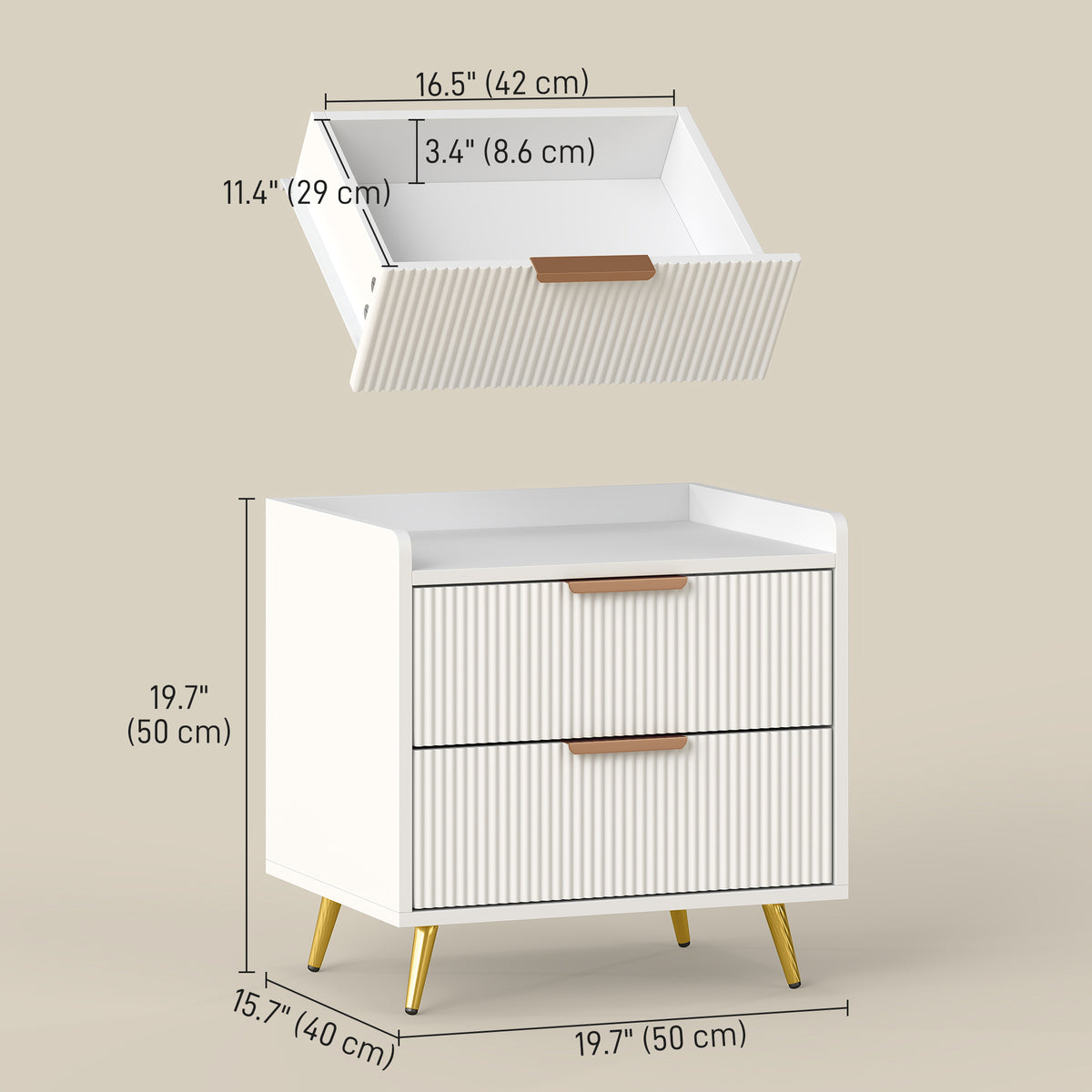 2-Drawer Nightstand with Metal Legs – 20"W x 20"H