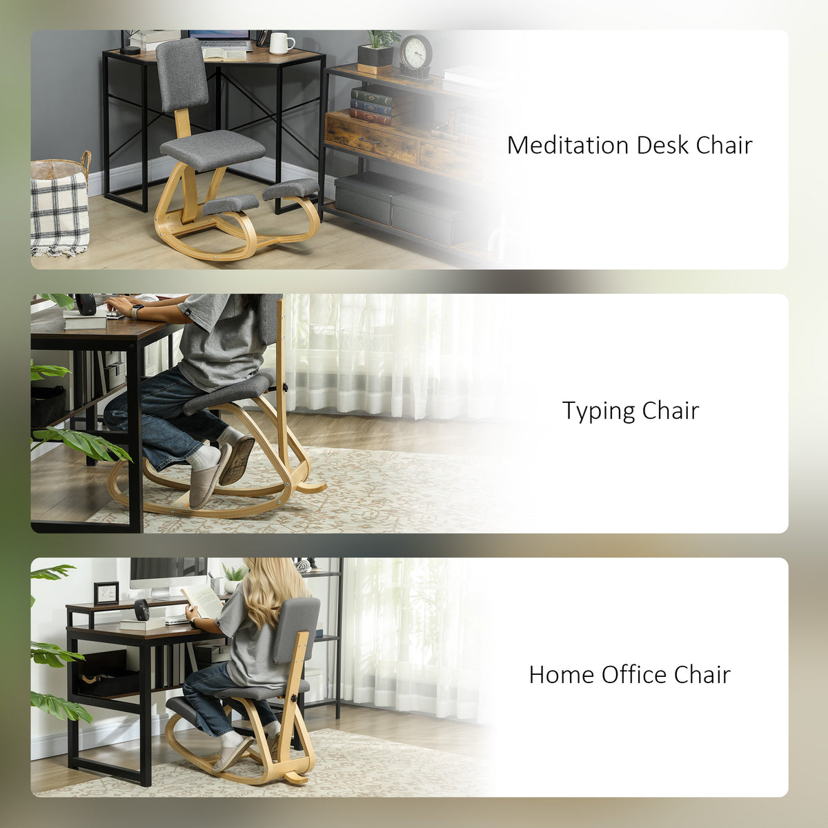 Ergonomic Kneeling Chair, Rocking Wood Kneel Stool with Backrest for Improved Posture, Grey