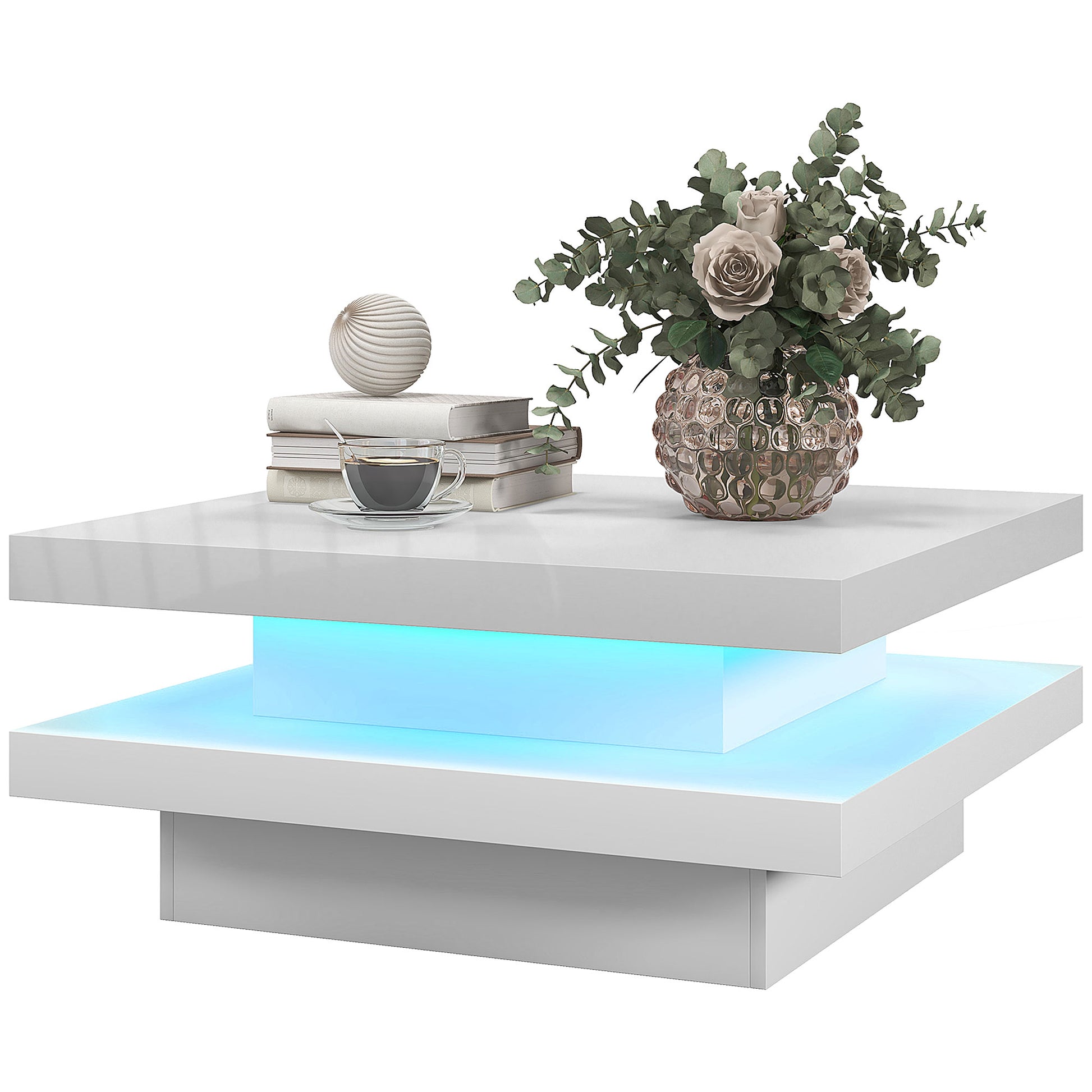 Modern Square Coffee Table with RGB LED Lights, Remote Control, 2-Tier Storage, White