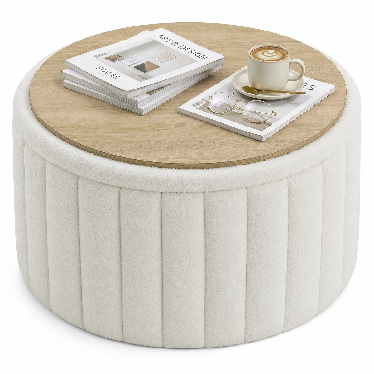 HOMCOM Round Coffee Table with Hidden Storage, Sherpa Fleece Center Table with Dual Reversible Lid for Living Room Cream White