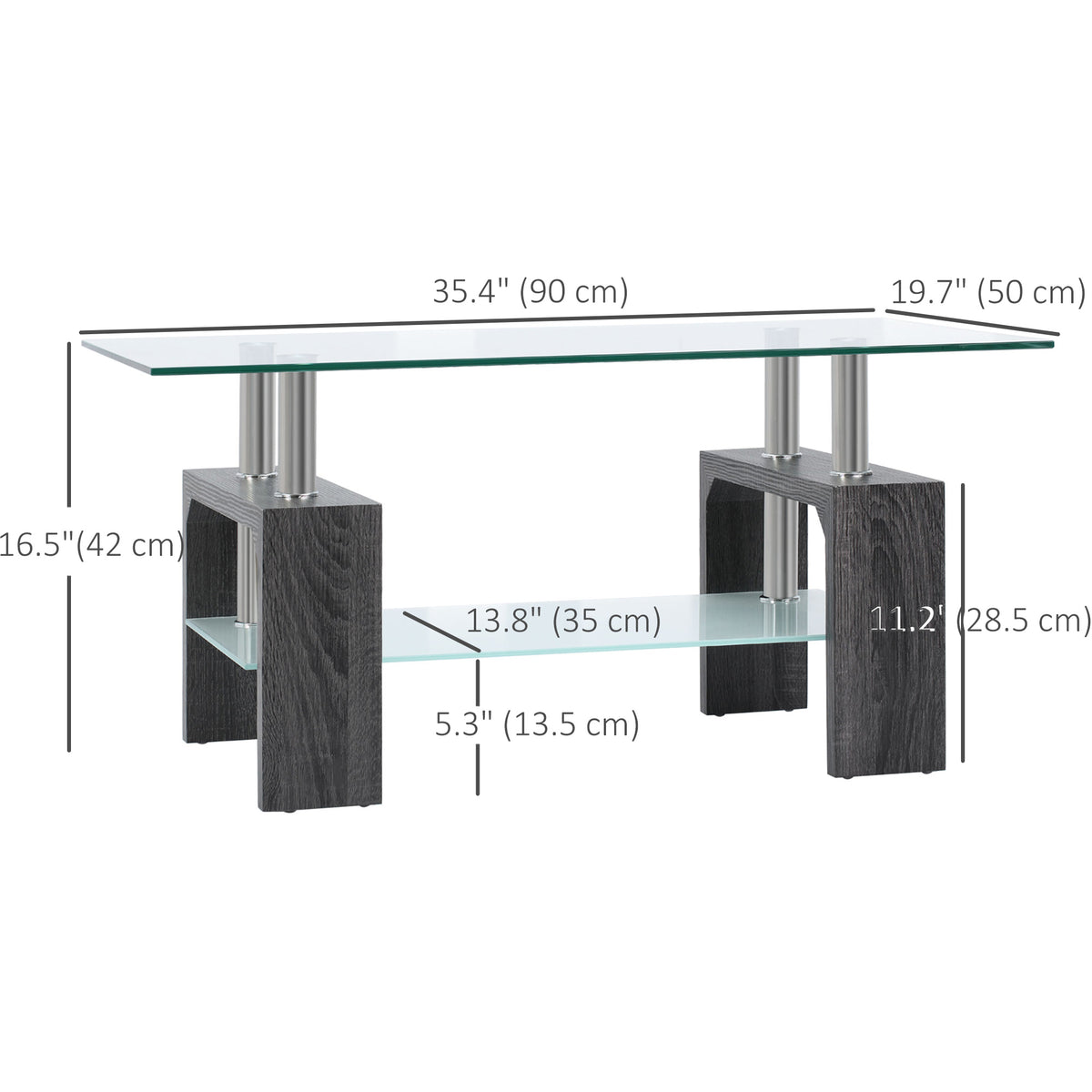 Rectangle Glass-Top Coffee Table with Storage Shelf, Grey