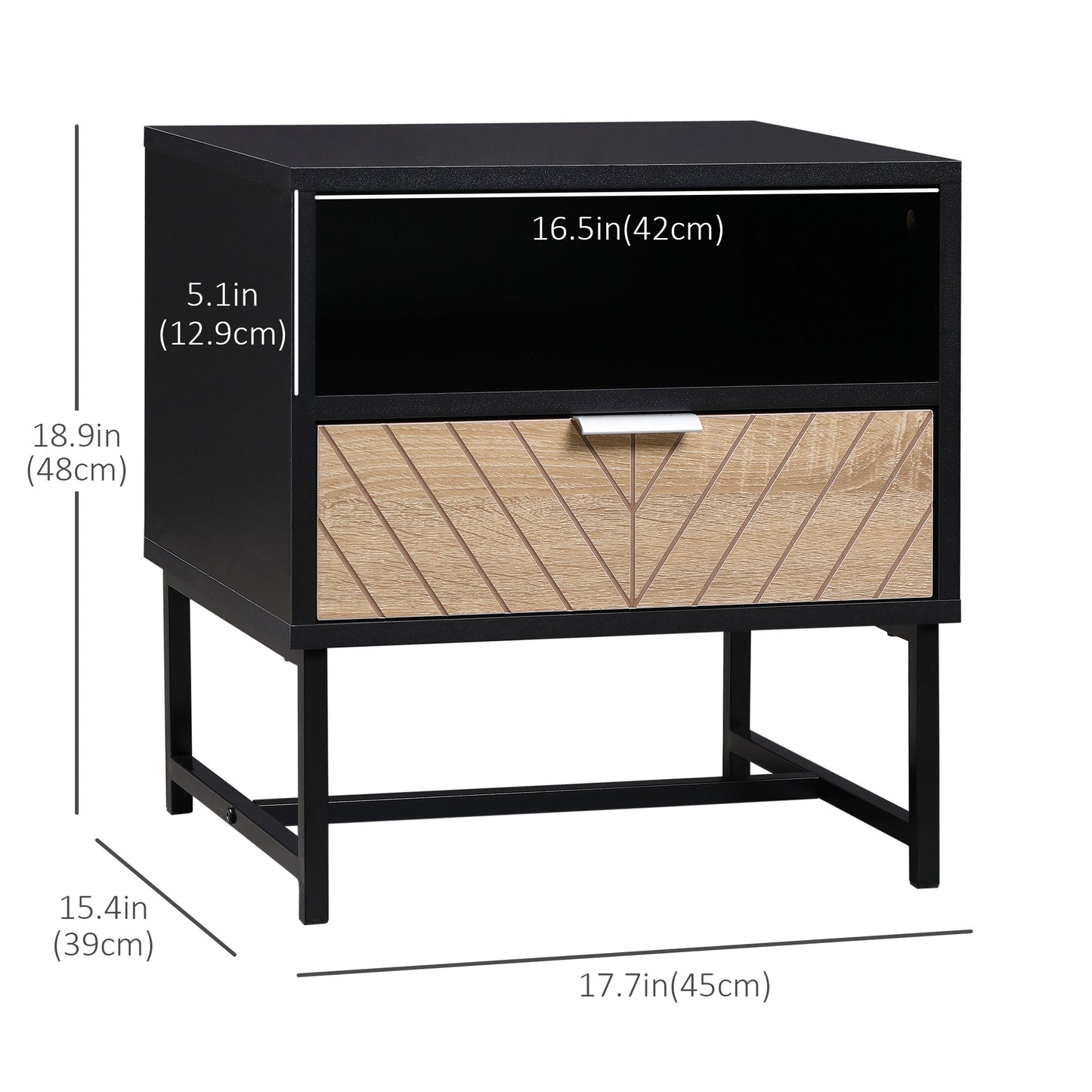Modern HOMCOM Bedside Table Nightstand with Drawer, Storage Shelf - Black & Oak