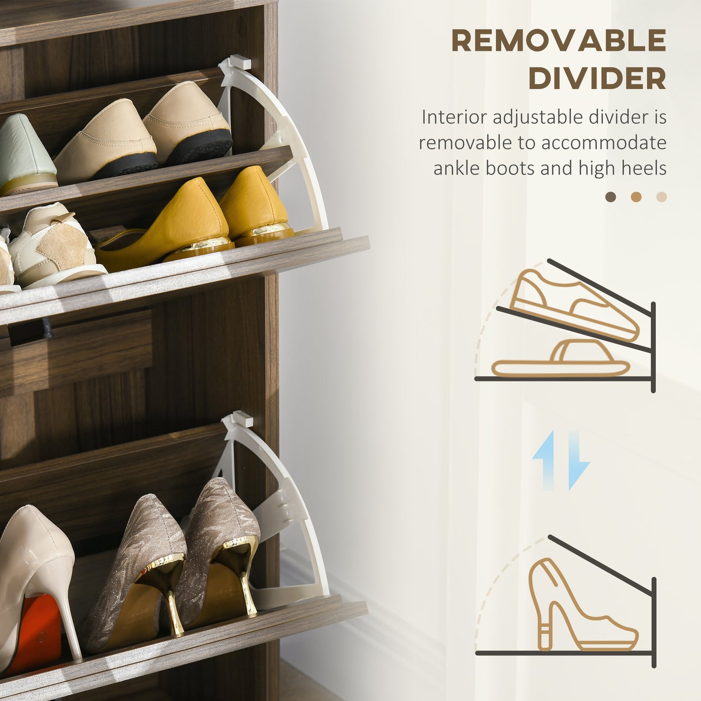 HOMCOM Modern Walnut Shoe Storage Cabinet, 2 Flip Drawers, Adjustable Shelves