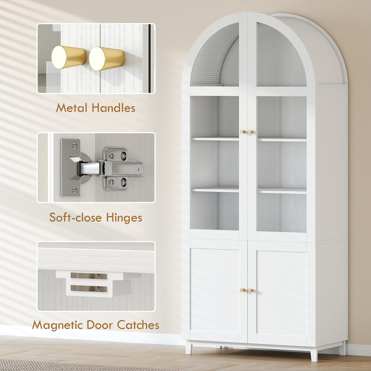 Farmhouse Kitchen Storage Cabinet with Acrylic Glass Doors – 31"W x 71"H
