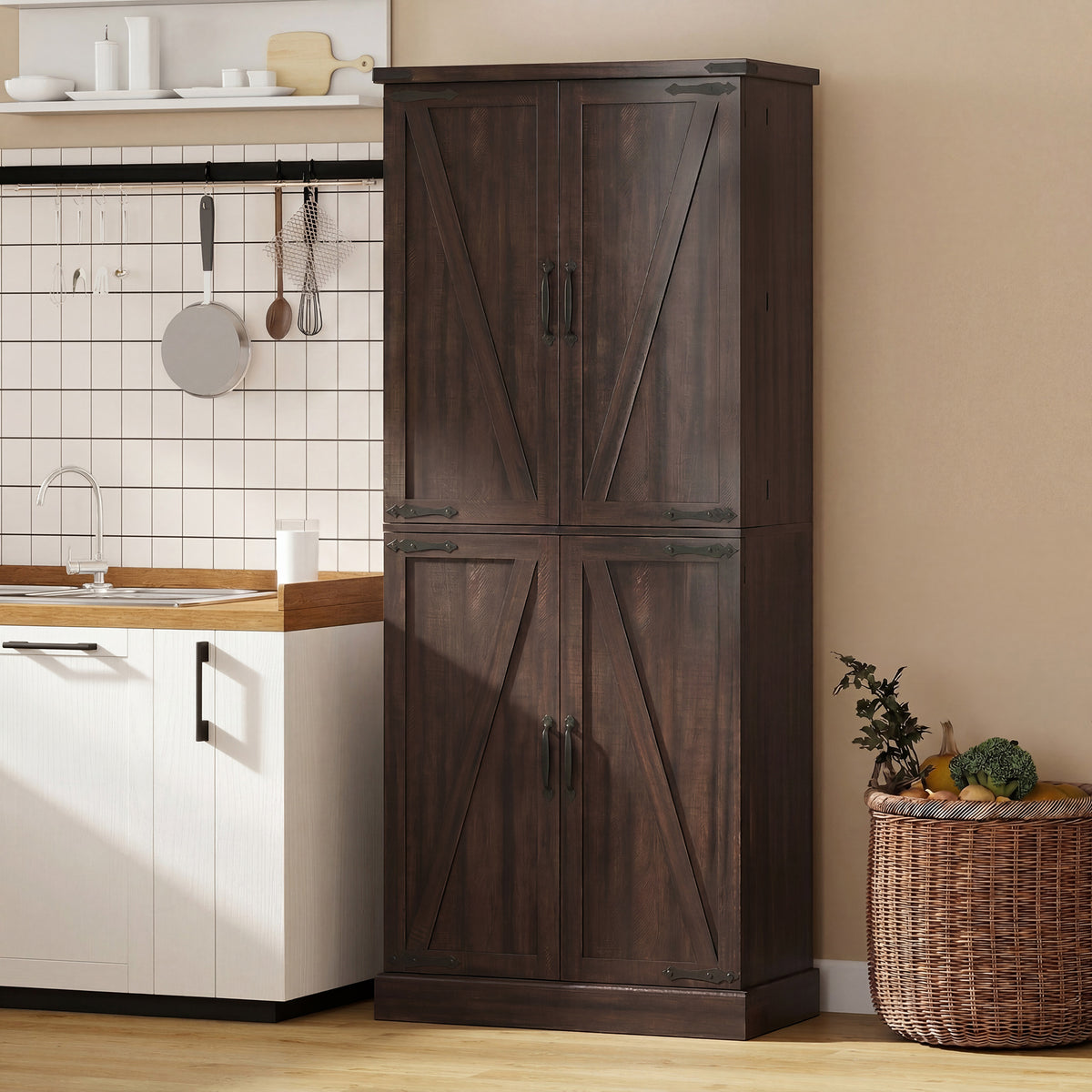 Farmhouse Storage Cabinet with 8 Door Racks and Adjustable Shelves – 30"W x 72"H