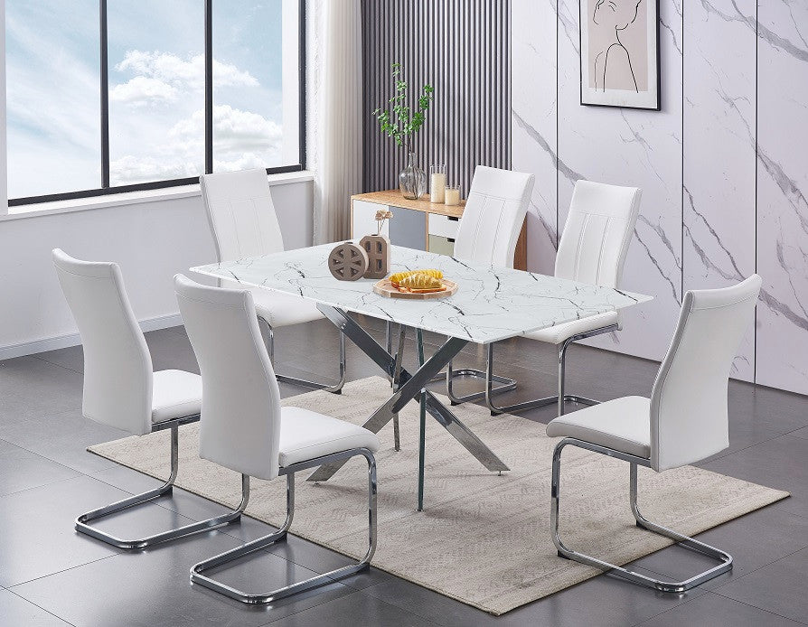 White Marble-Glass Dining Set with Chrome Legs