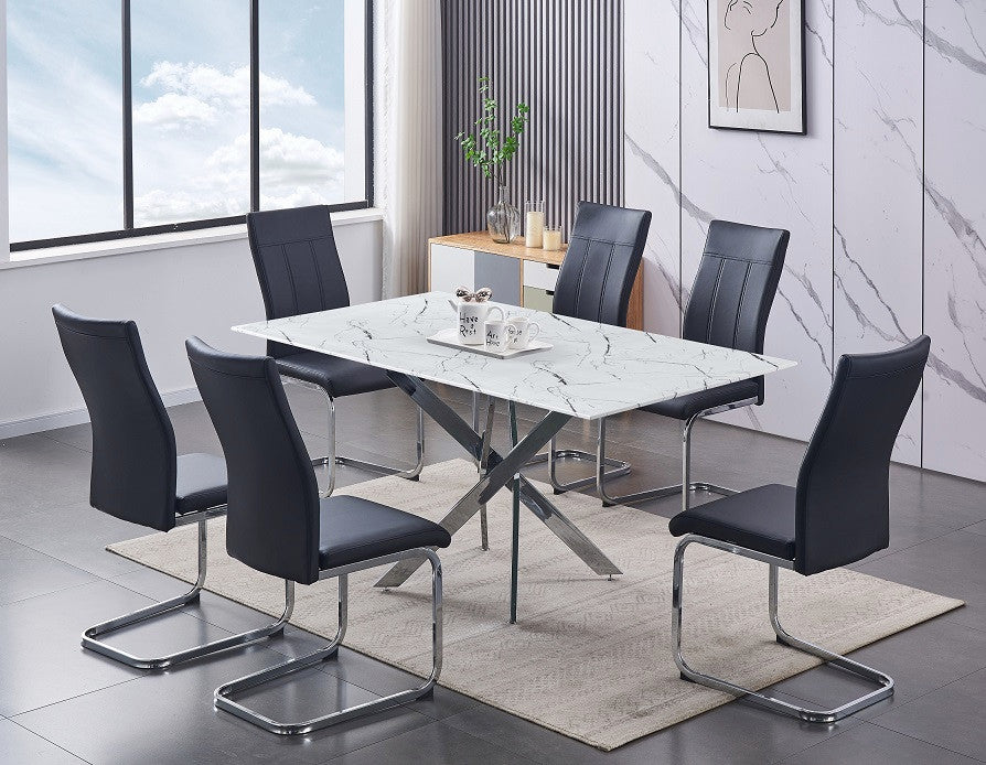 White Marble-Glass Dining Set with Chrome Legs