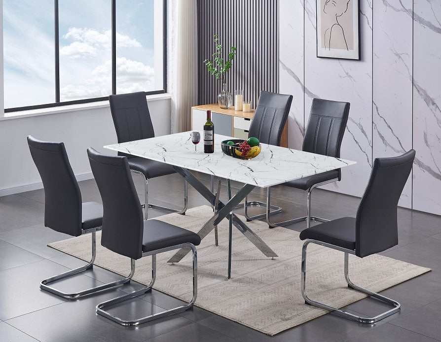 White Marble-Glass Dining Set with Chrome Legs