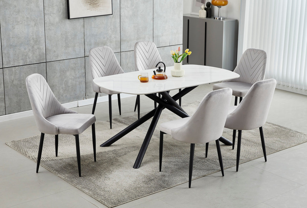 White Sintered Stone 63" Dining Set with Velvet Chairs
