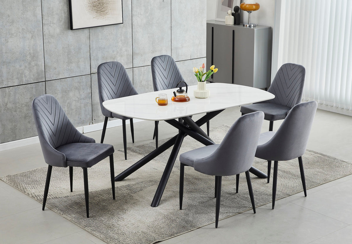 White Sintered Stone 63" Dining Set with Velvet Chairs