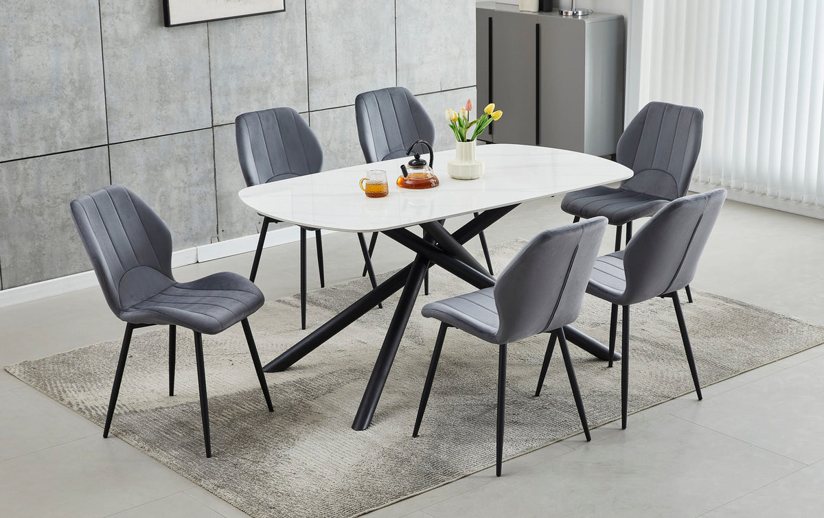 White Sintered Stone 63" Dining Set with Velvet Chairs