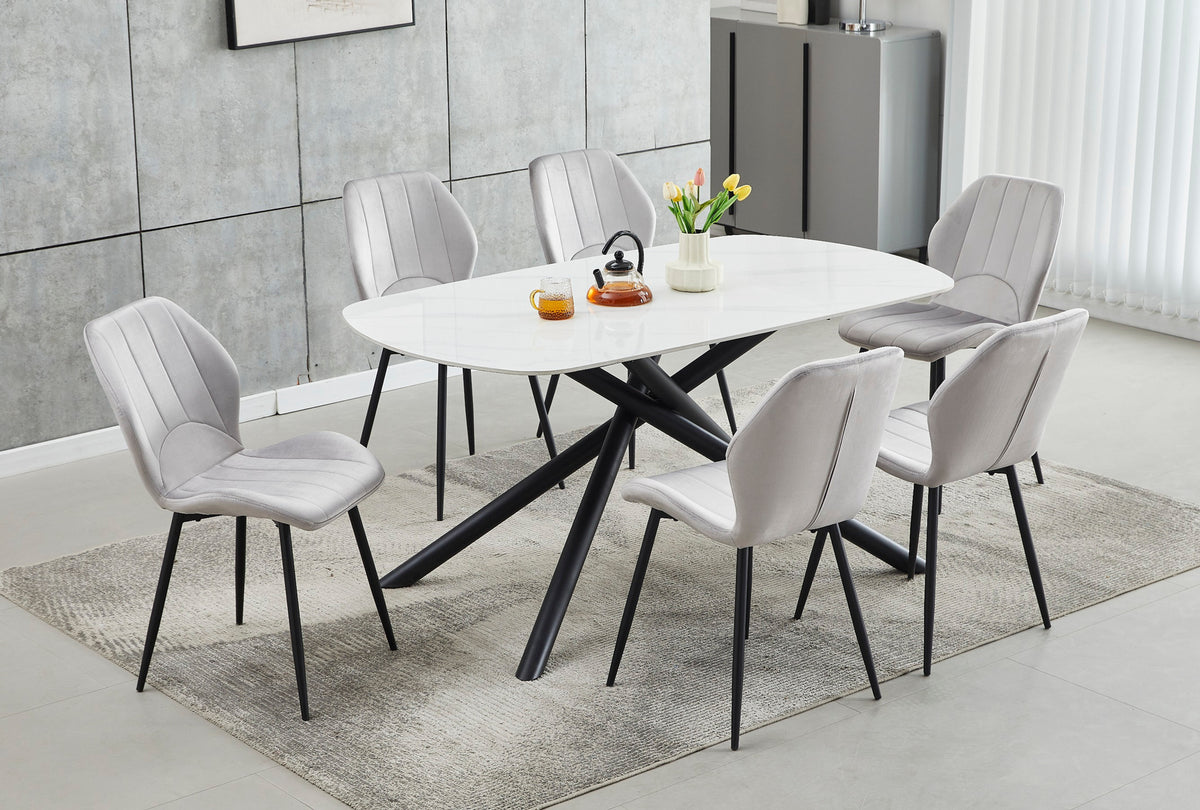 White Sintered Stone 63" Dining Set with Velvet Chairs