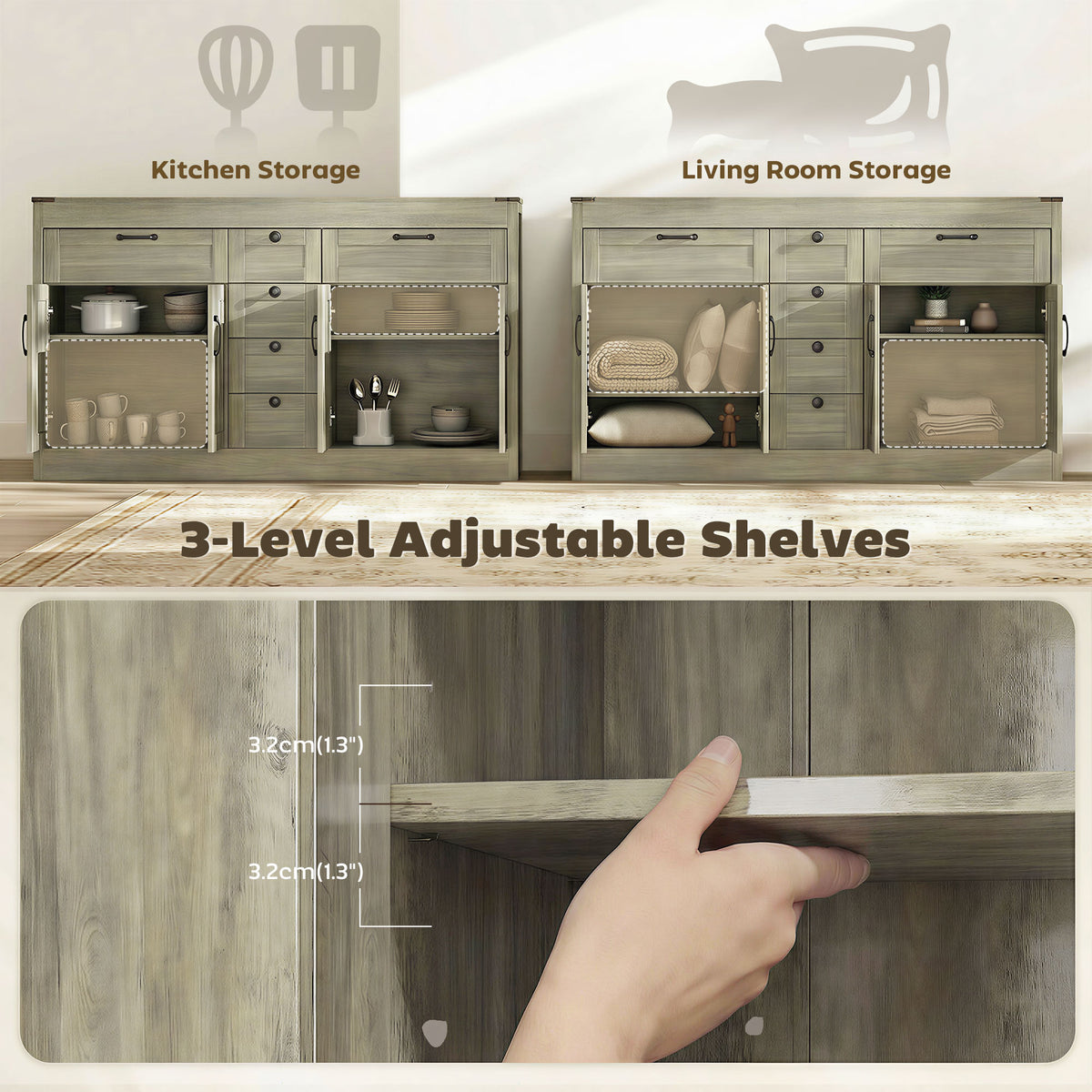 Farmhouse Kitchen Cabinet with 4 Barn Doors – 55"W x 32"H