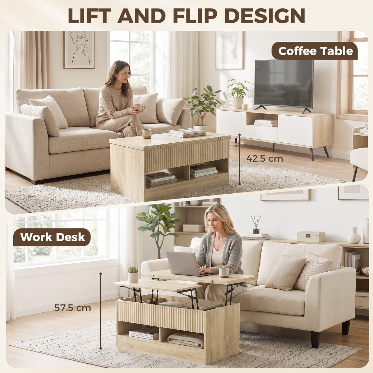 Lift-Top Coffee Table with Dual-Zone Expandable Top and Hidden Storage, Oak