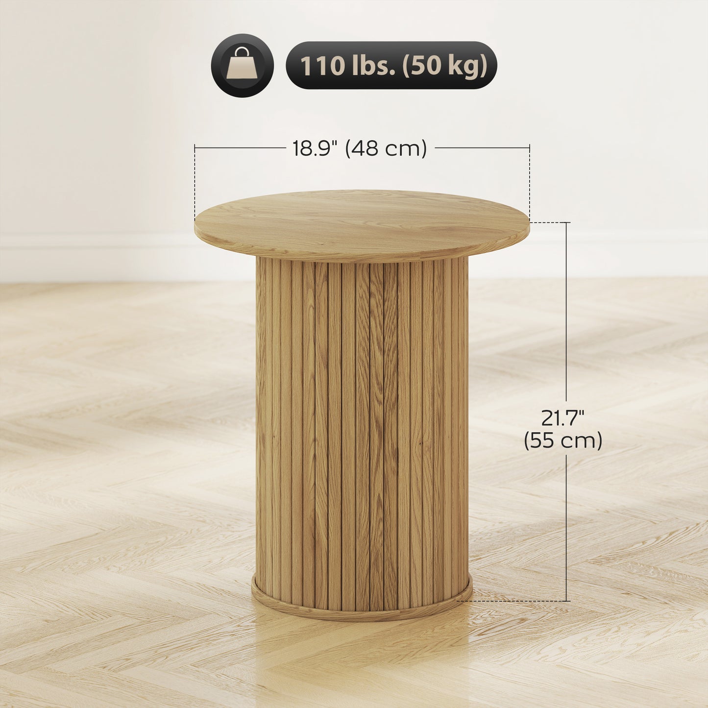 HOMCOM Round Fluted Side Table, Narrow Nightstand for Small Spaces, Oak Finish