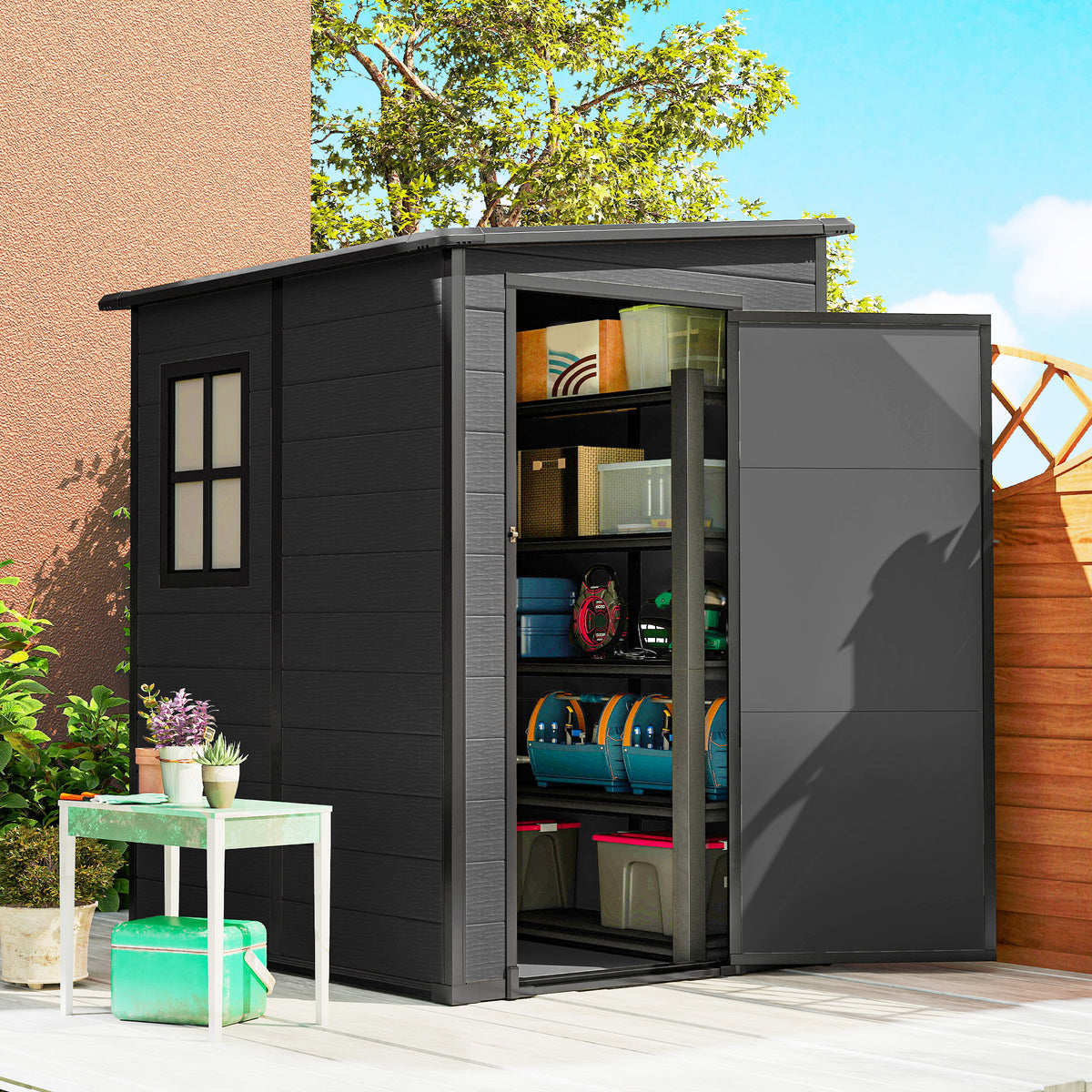 4'x5' Garden Storage Shed, Lean to Shed, Lockable Garden Tool Storage House with Window, Vent – Dark Grey