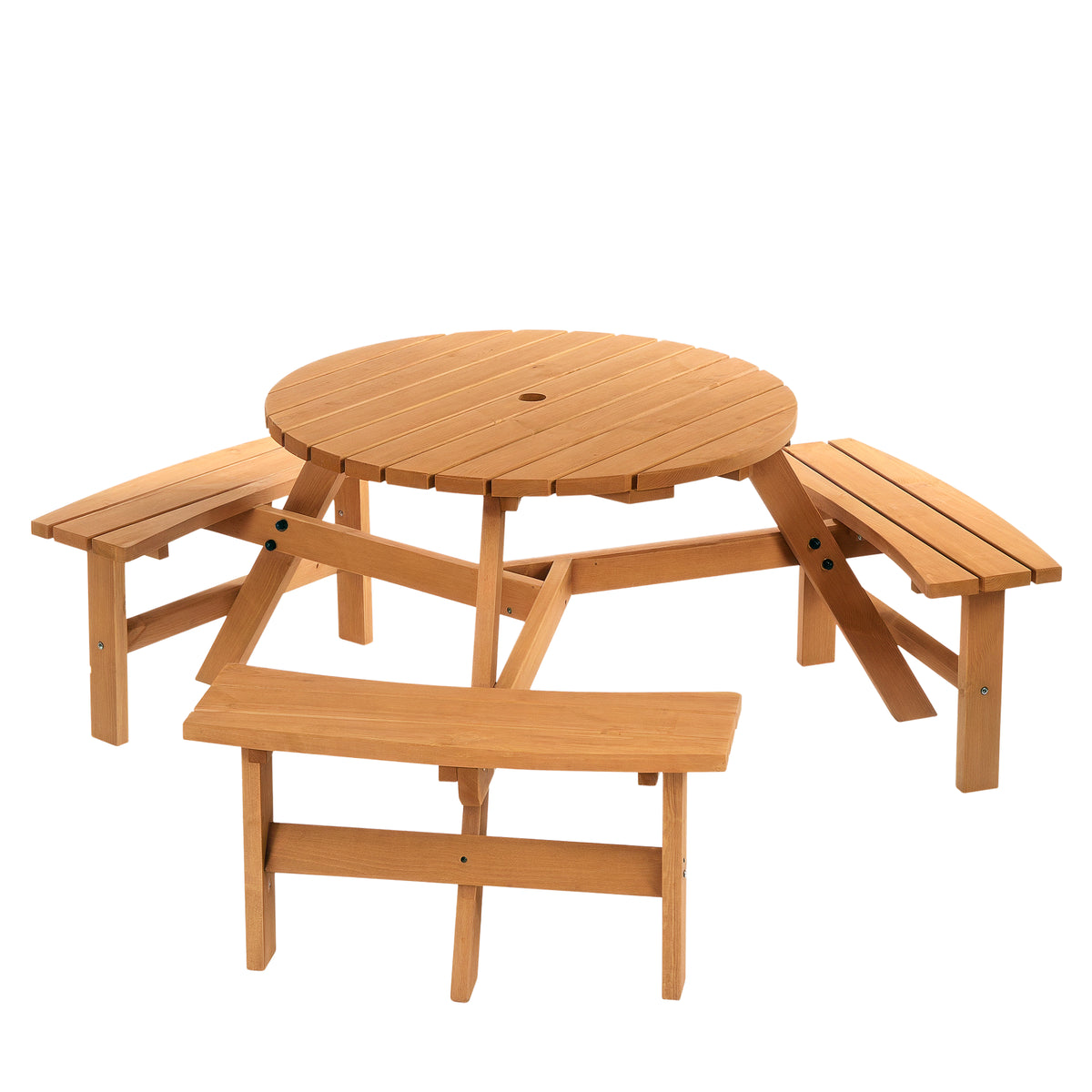 6 Person Round Picnic Table Bench Set with Umbrella Hole, Wood Patio Table with 3 Built-in Benches for Garden, Deck, Backyard – Brown