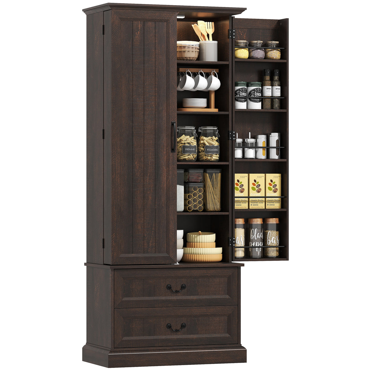 LED Kitchen Pantry Cabinet with 10 Door Shelves and 2 Drawers – 30"W x 72"H