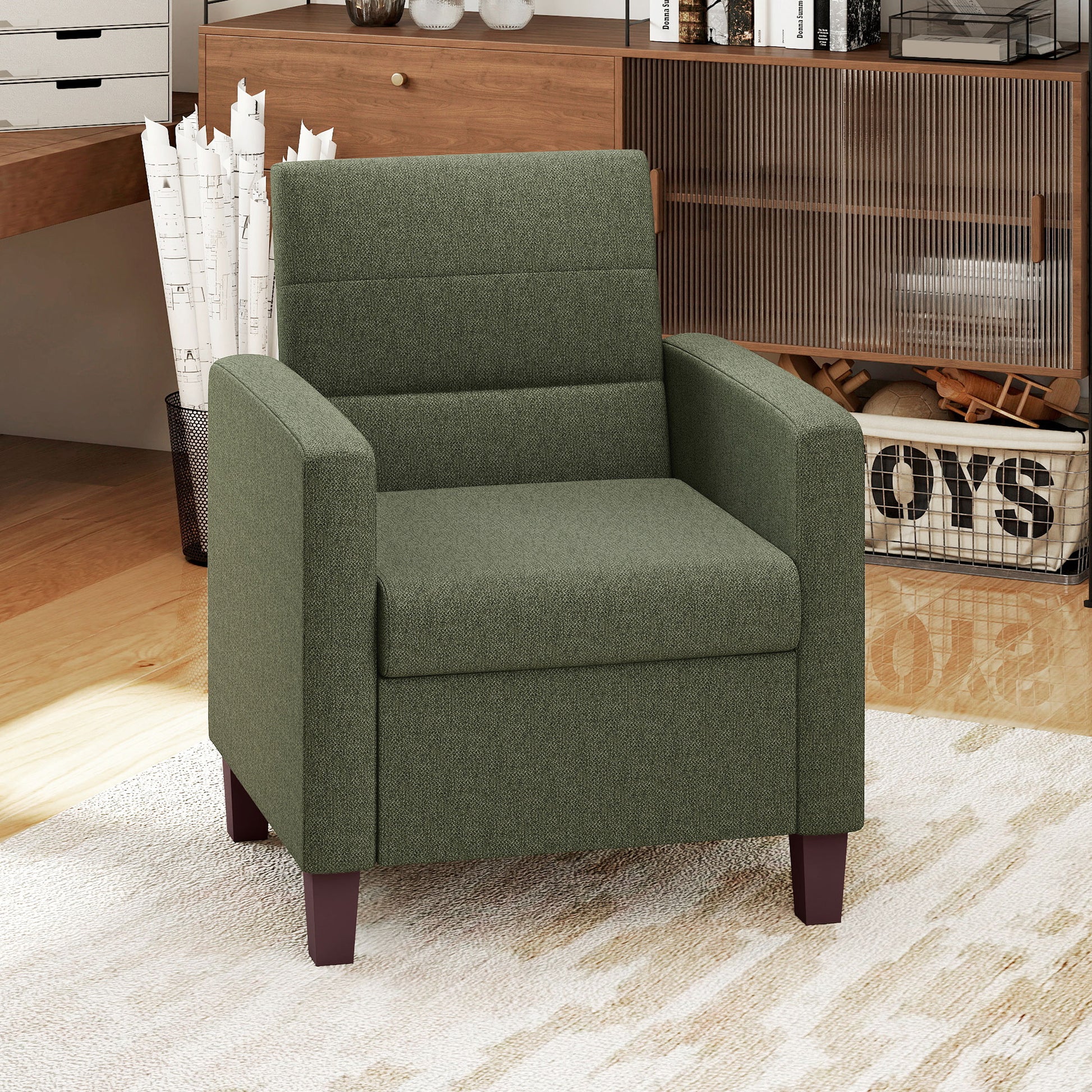 HOMCOM Modern Fabric Accent Armchair, Comfortable Cushion, Non-Slip Pads, Dark Green
