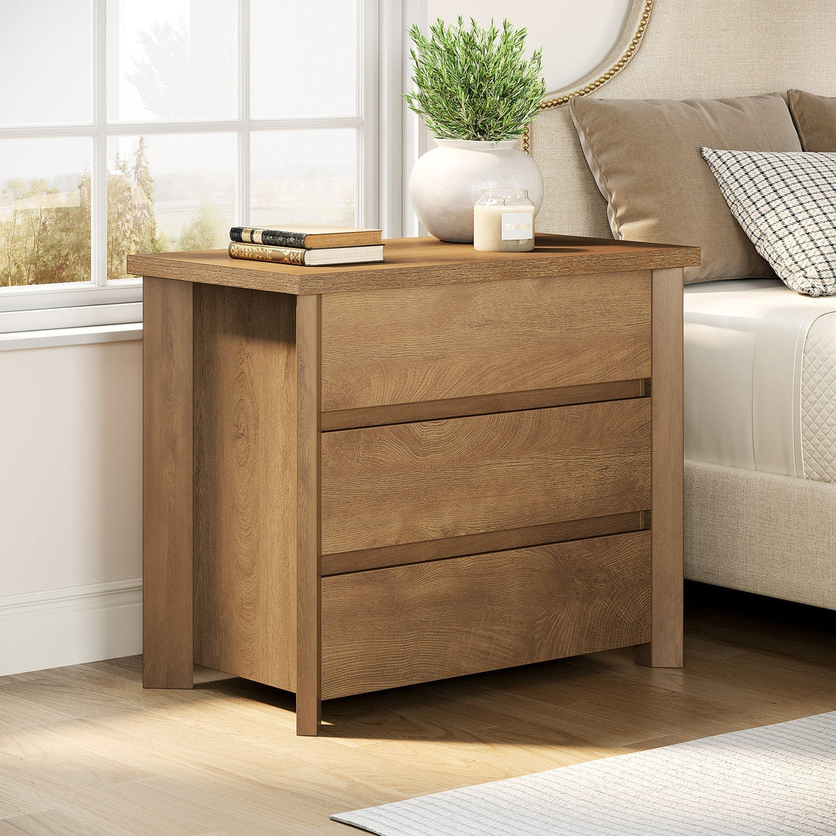 31.5" Wide Nightstand, Farmhouse Bedside Table with 3 Storage Drawers