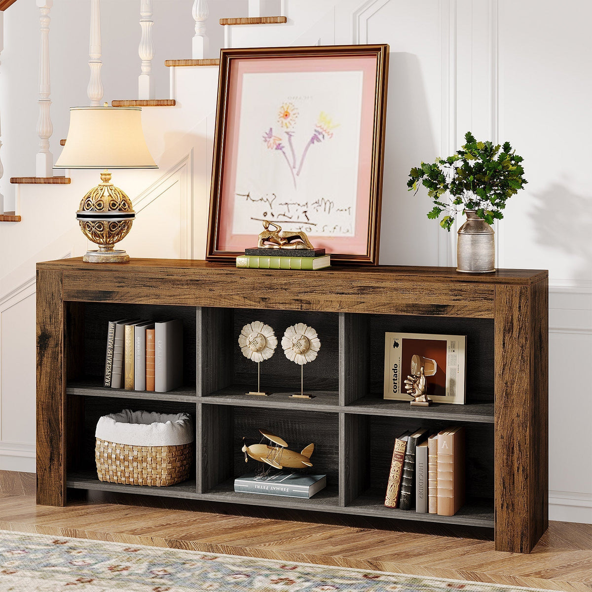 63" Console Table, Narrow Sofa Table Entryway Table with 6 Storage Cubes
