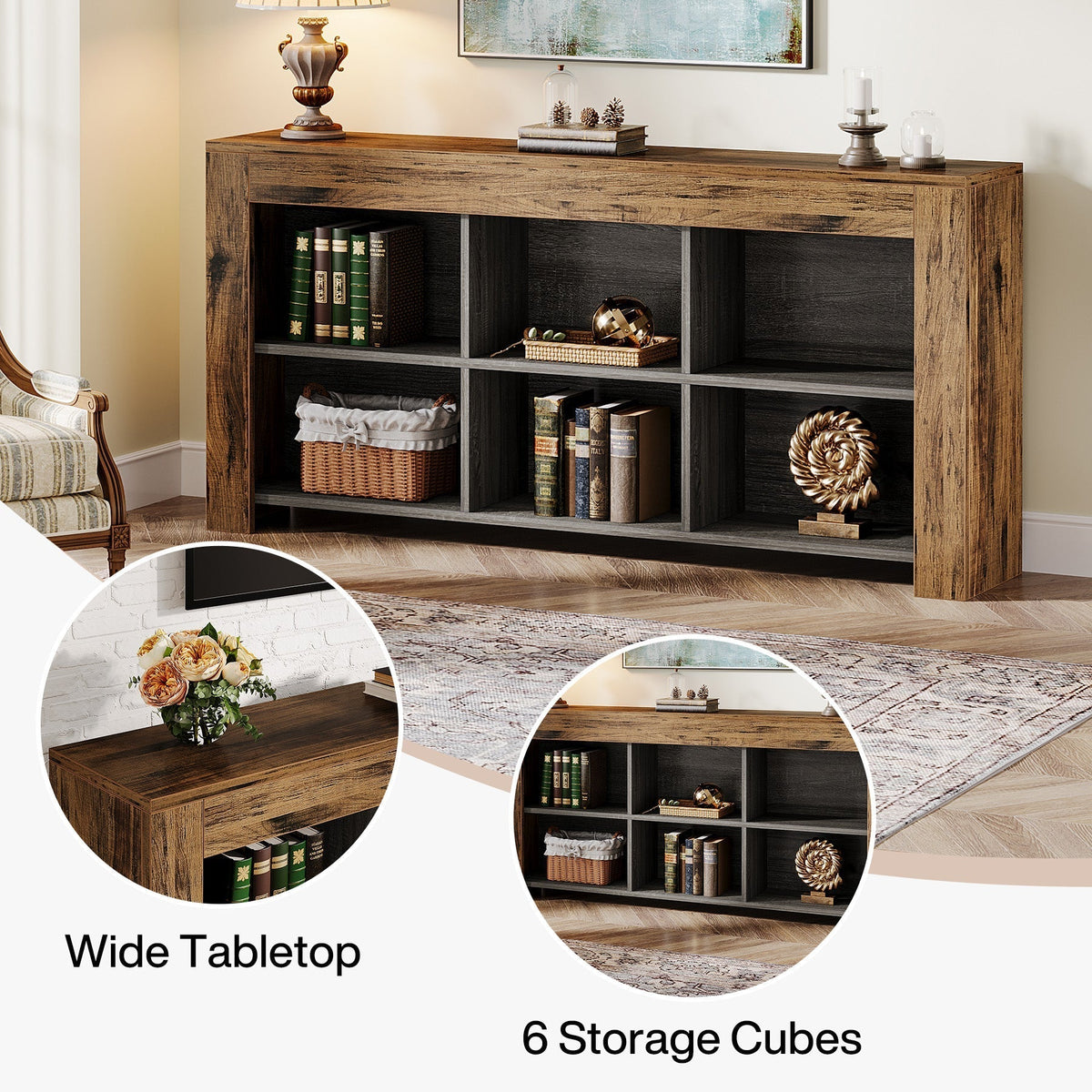 63" Console Table, Narrow Sofa Table Entryway Table with 6 Storage Cubes