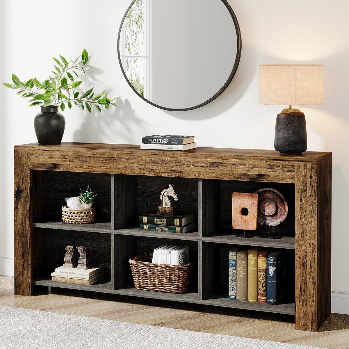63" Console Table, Narrow Sofa Table Entryway Table with 6 Storage Cubes