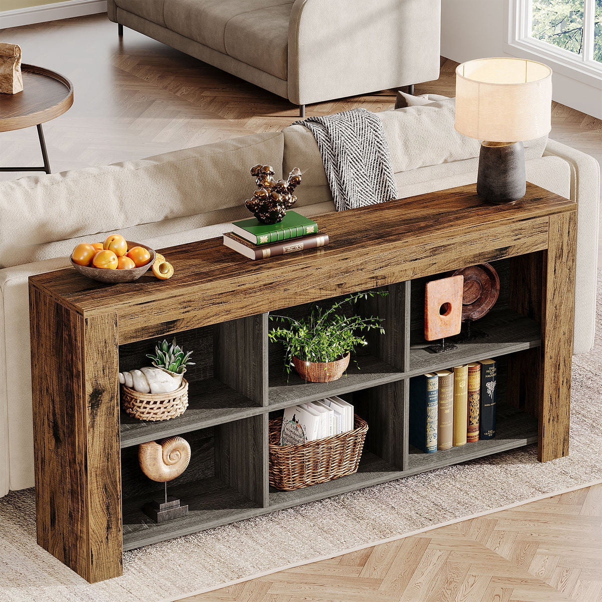 63" Console Table, Narrow Sofa Table Entryway Table with 6 Storage Cubes