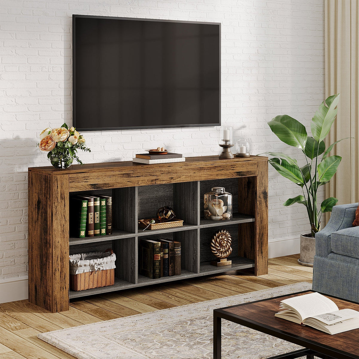 63" Console Table, Narrow Sofa Table Entryway Table with 6 Storage Cubes
