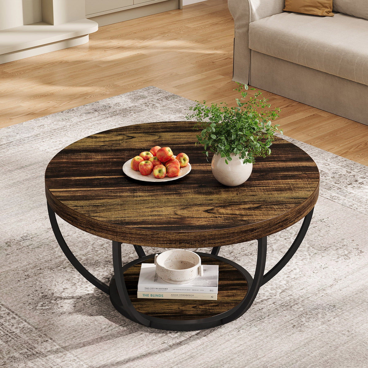 Round Coffee Table, 2-Tier Central Cocktail Table with Shelves