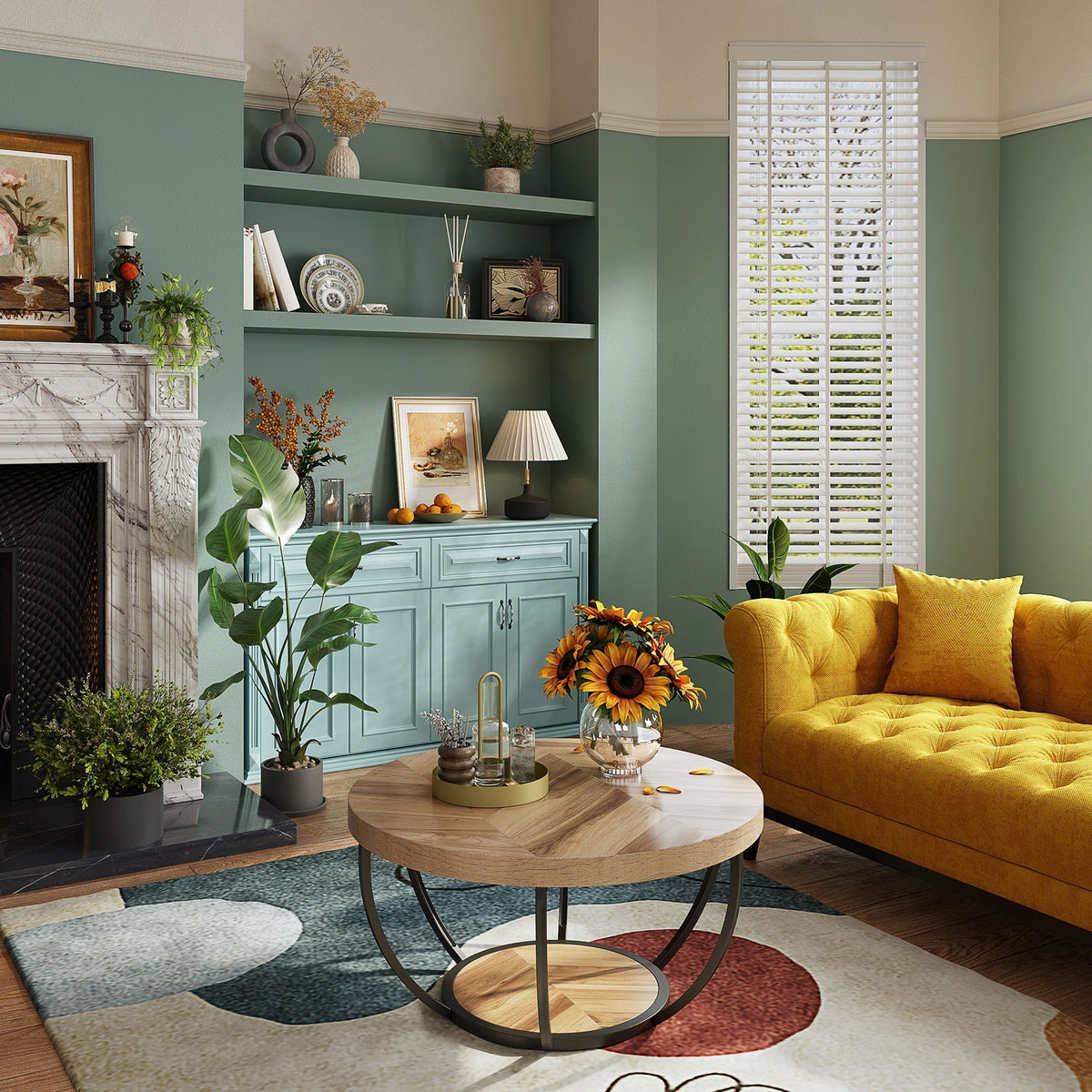 Round Coffee Table, 2-Tier Central Cocktail Table with Shelves