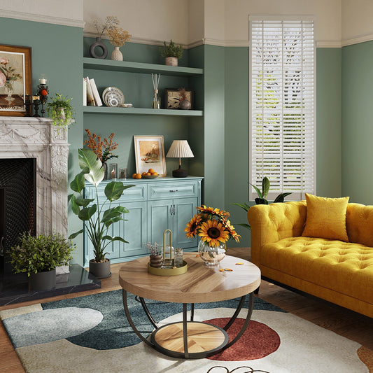 Round Coffee Table, 2-Tier Central Cocktail Table with Shelves