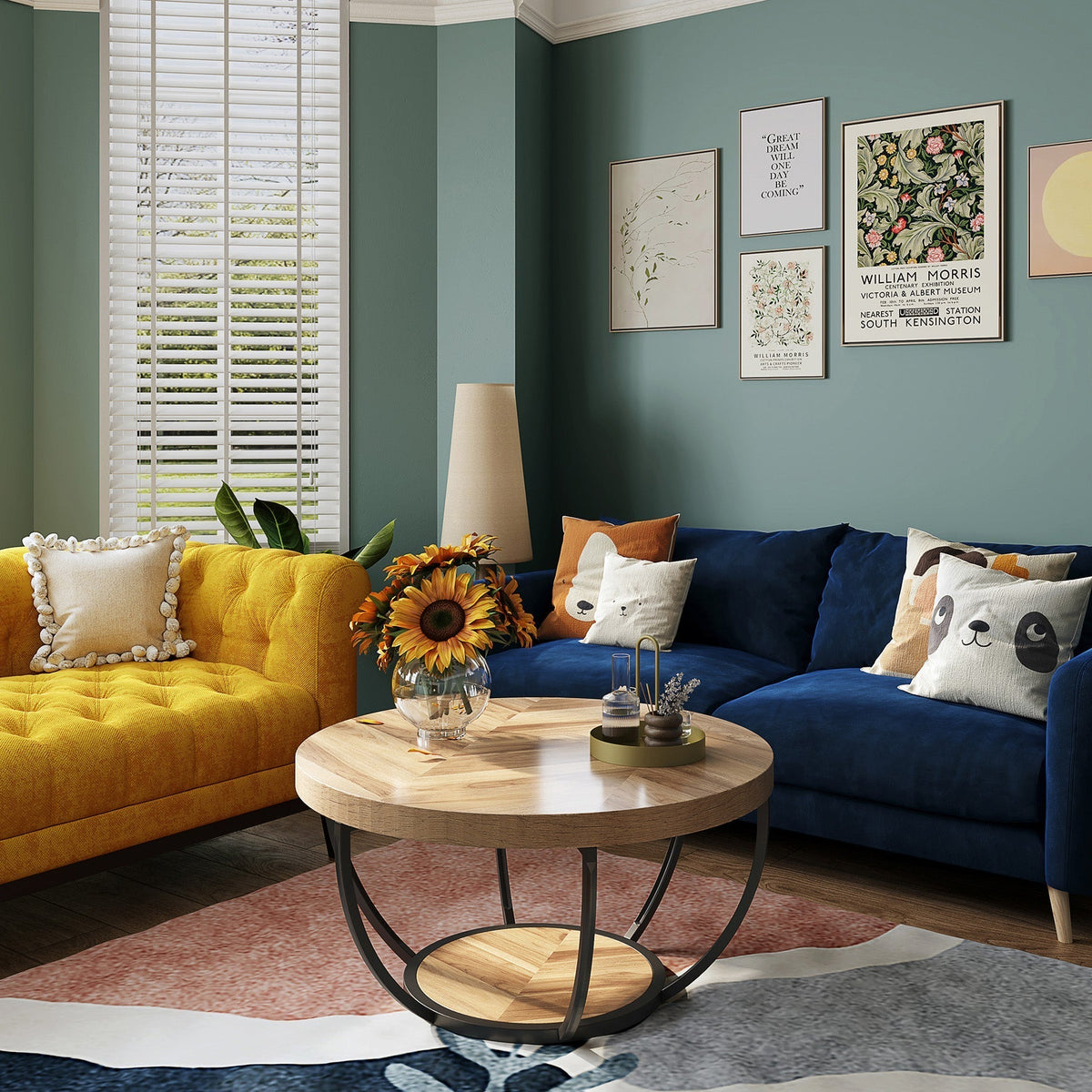Round Coffee Table, 2-Tier Central Cocktail Table with Shelves