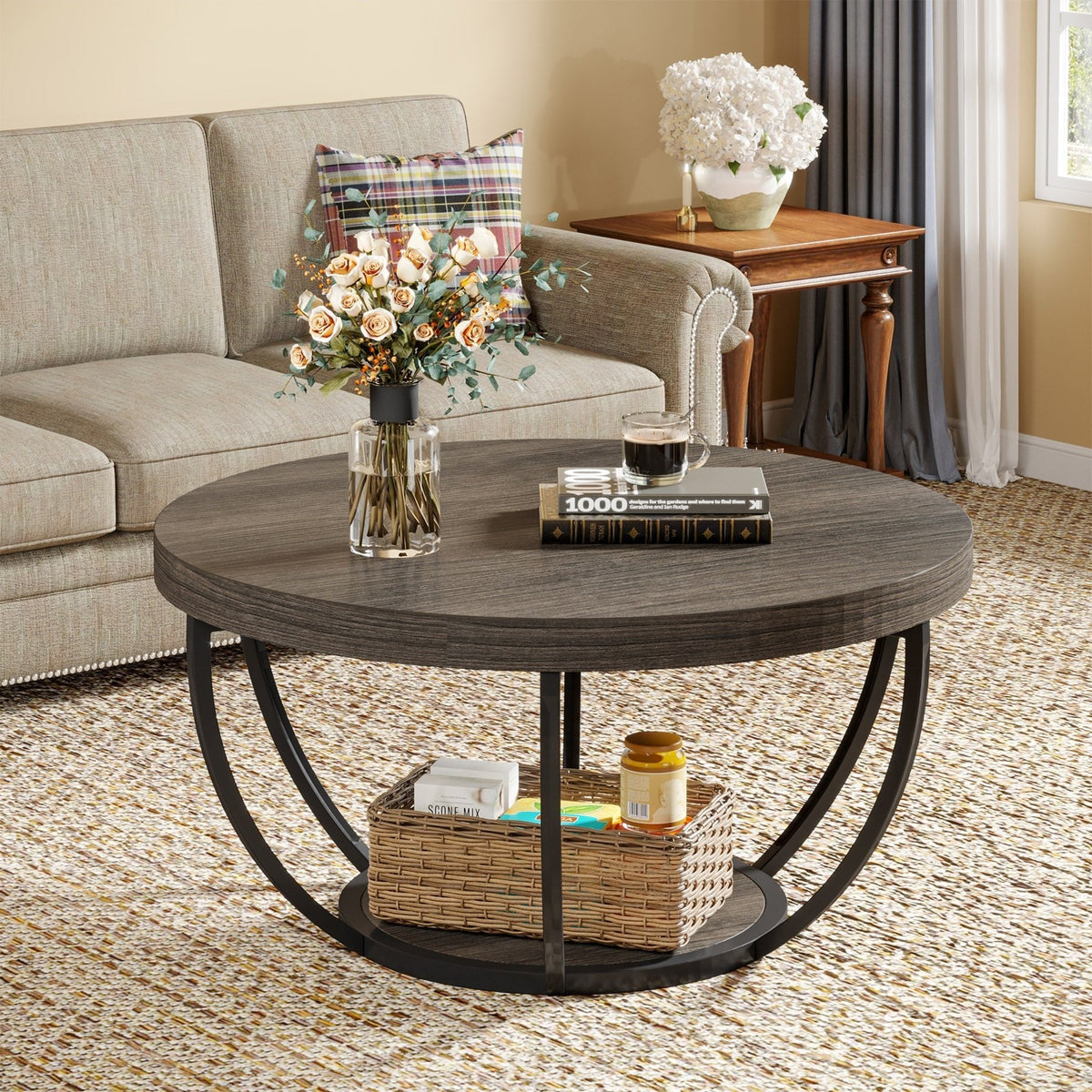 Round Coffee Table, 2-Tier Central Cocktail Table with Shelves
