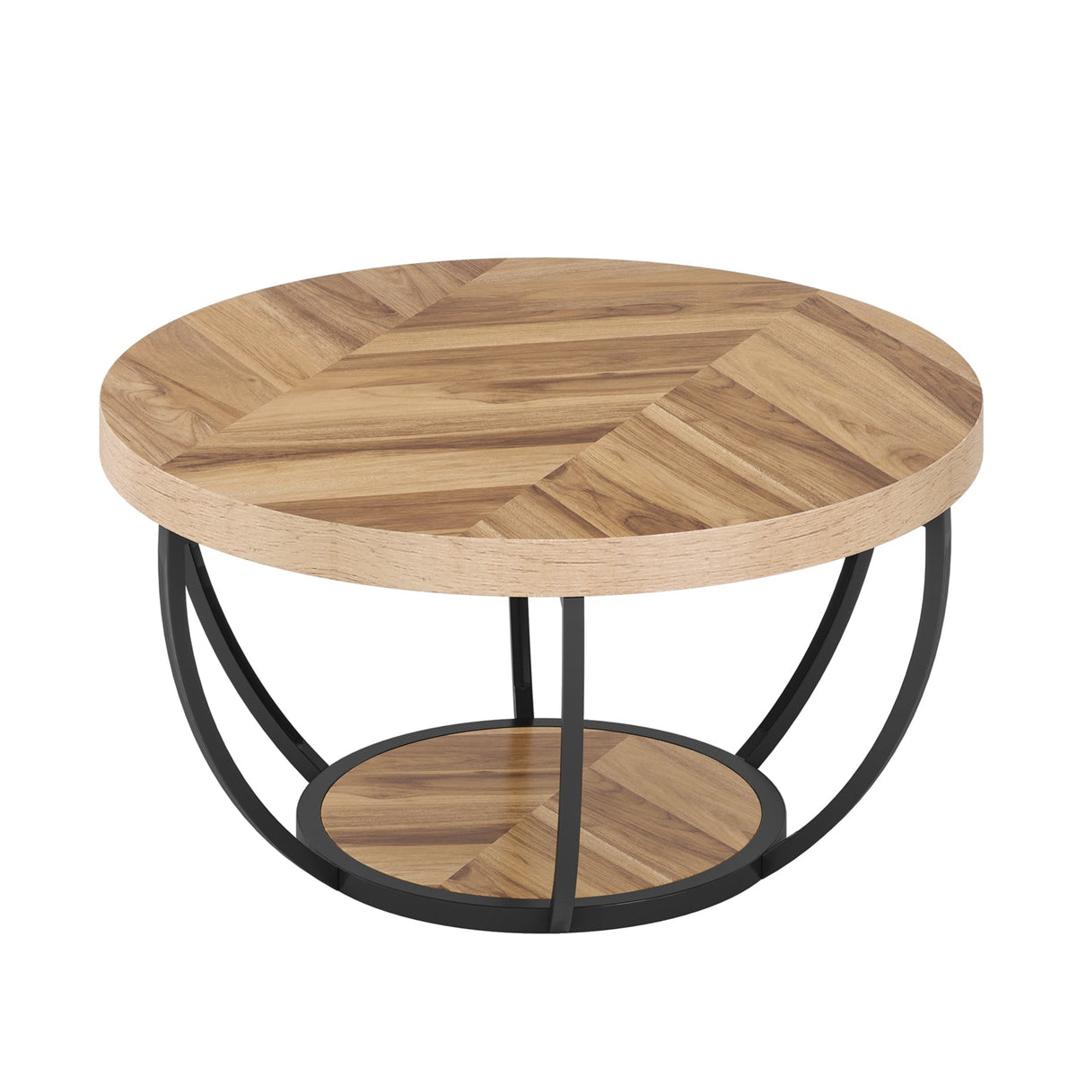 Round Coffee Table, 2-Tier Central Cocktail Table with Shelves