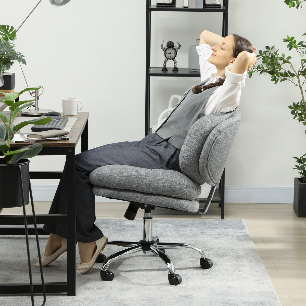 Computer Desk Chair, Armless Office Chair with Wide Padded Seat, Adjustable Height, Tilt Function, Grey