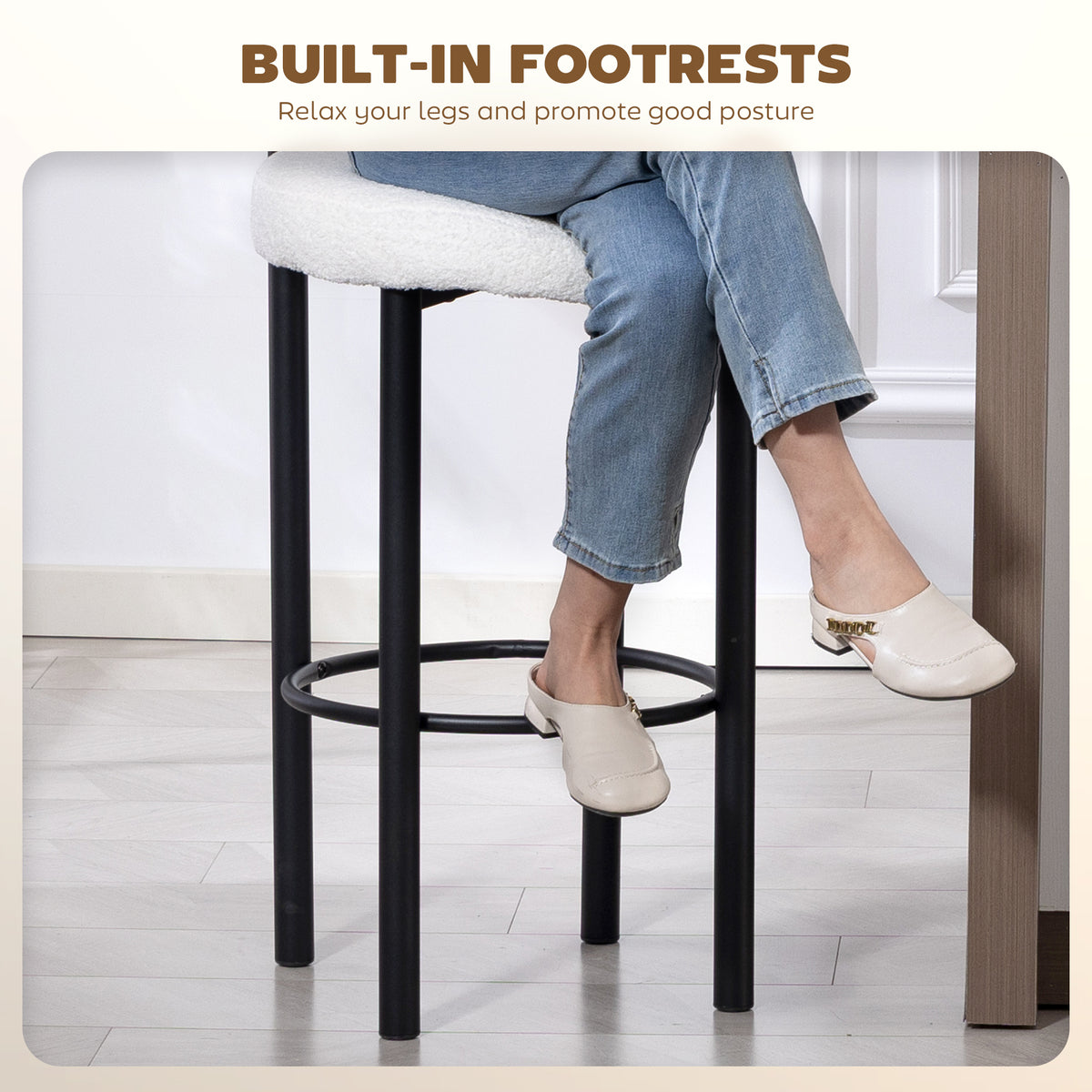 Sherpa Bar Height Stools with Backrest and Footrest, Set of 2, Cream White