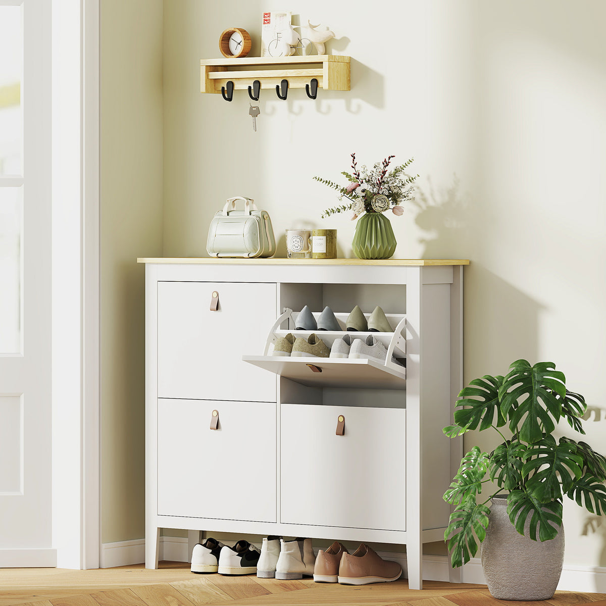 Narrow Shoe Cabinet with 4 Flip Drawers – 41"W x 38"H