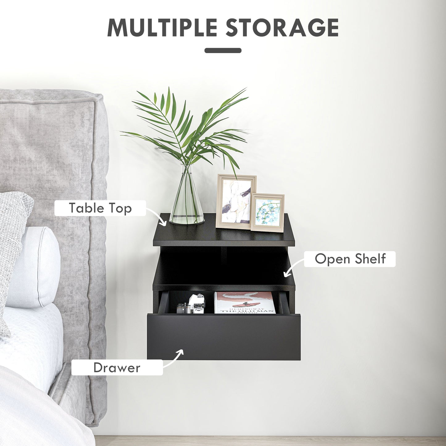 HOMCOM Floating Wall Mounted Nightstands Set of 2, Modern Bedside Tables with Storage