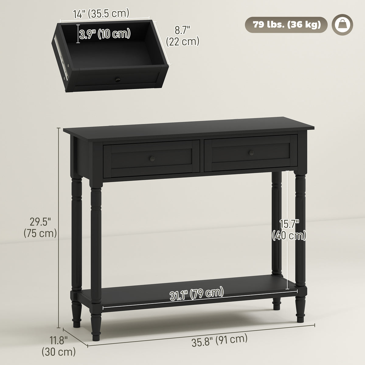 Hallway Console Table with 2 Drawers, Black