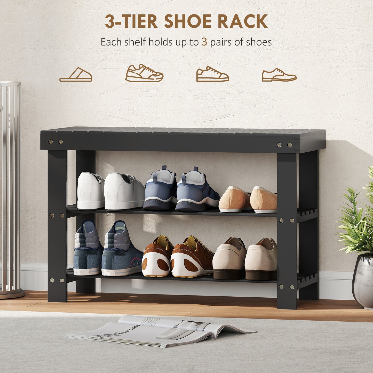 HOMCOM Black Bamboo 3-Tier Entryway Shoe Storage Bench, 6 Pair Capacity