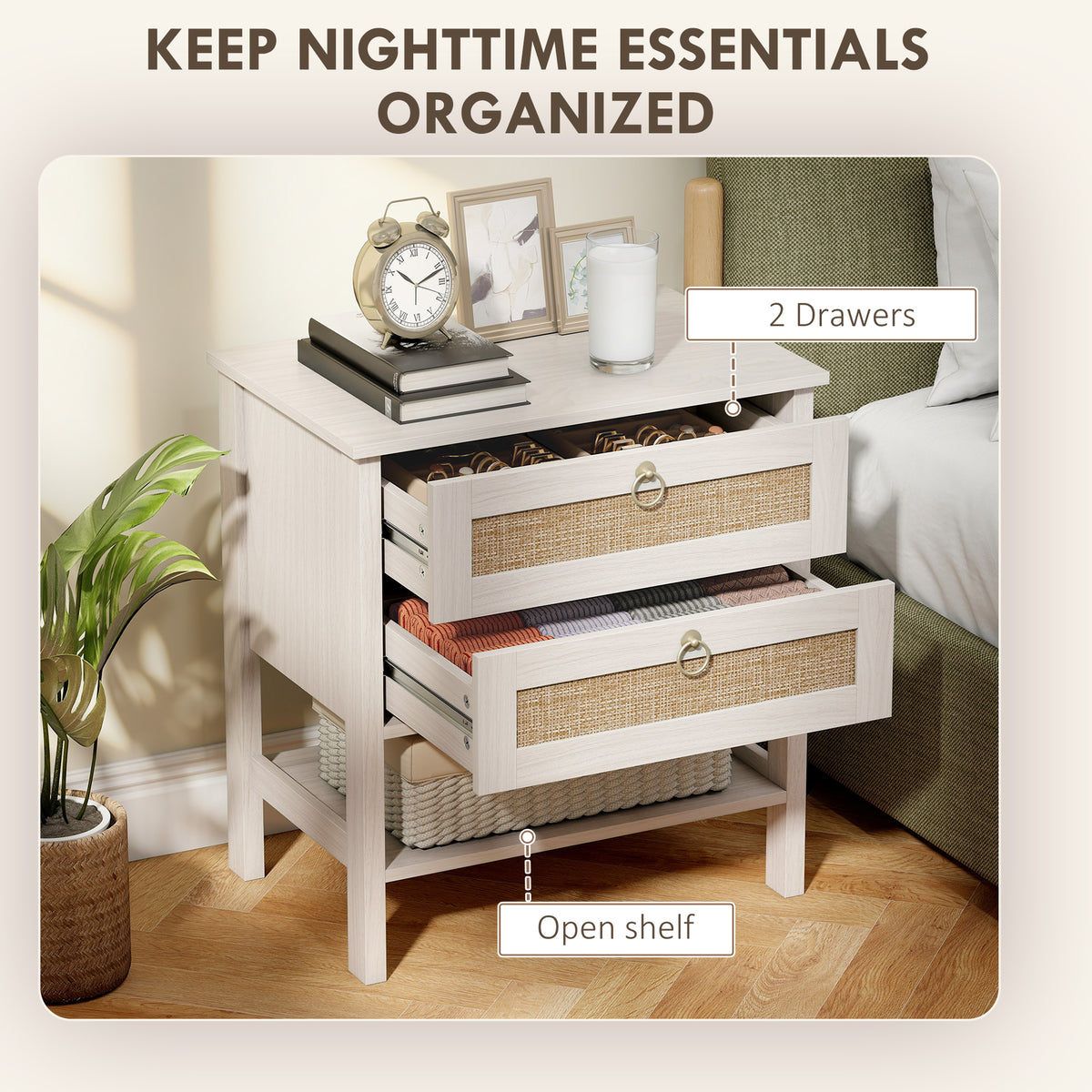 Boho Rattan Nightstands with 2 Drawers, Set of 2 – 24"W x 26"H