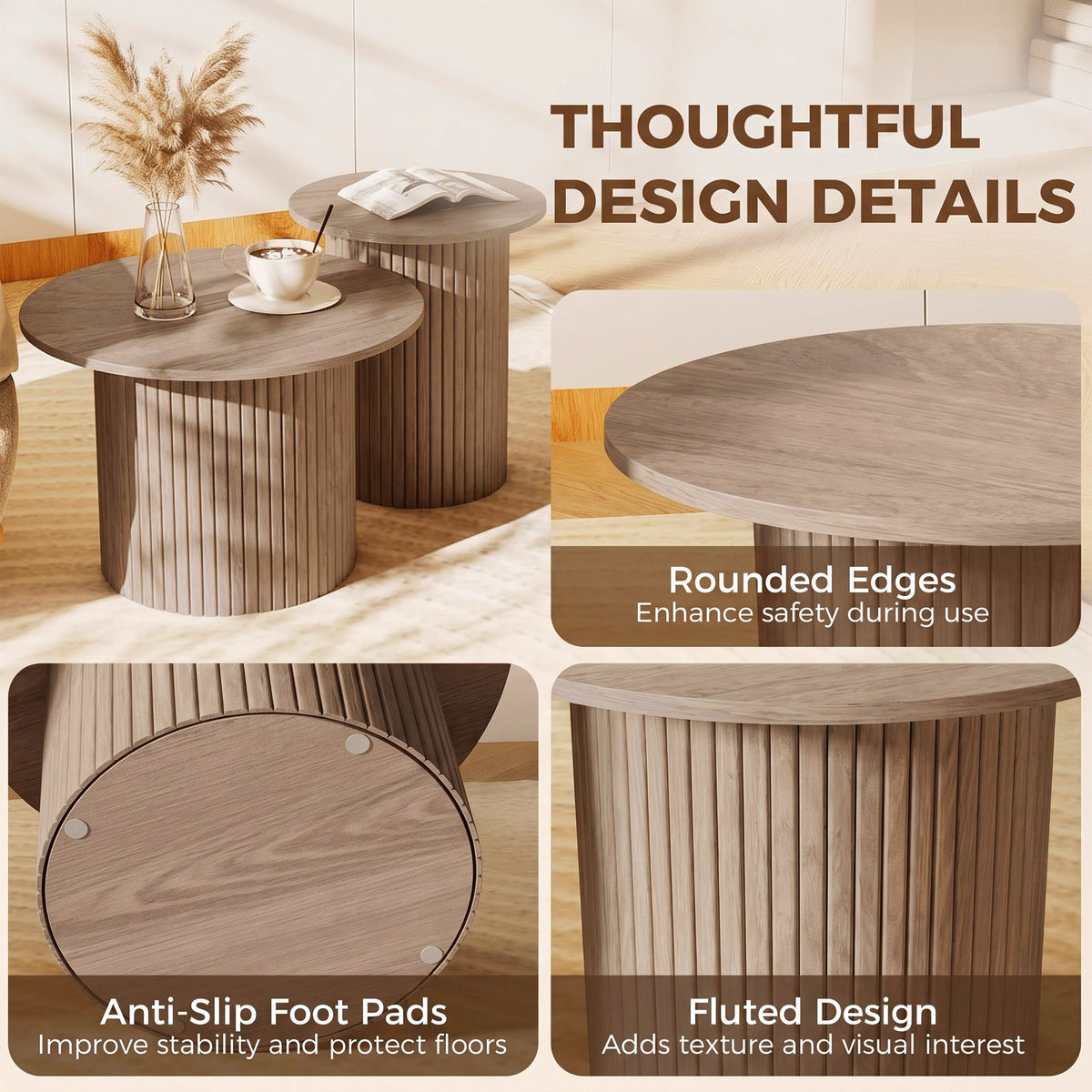 HOMCOM Round Nesting Coffee Table Set of 2, Fluted Mid Century Modern Circle Side Tables, Weathered Coffee Wood Grain