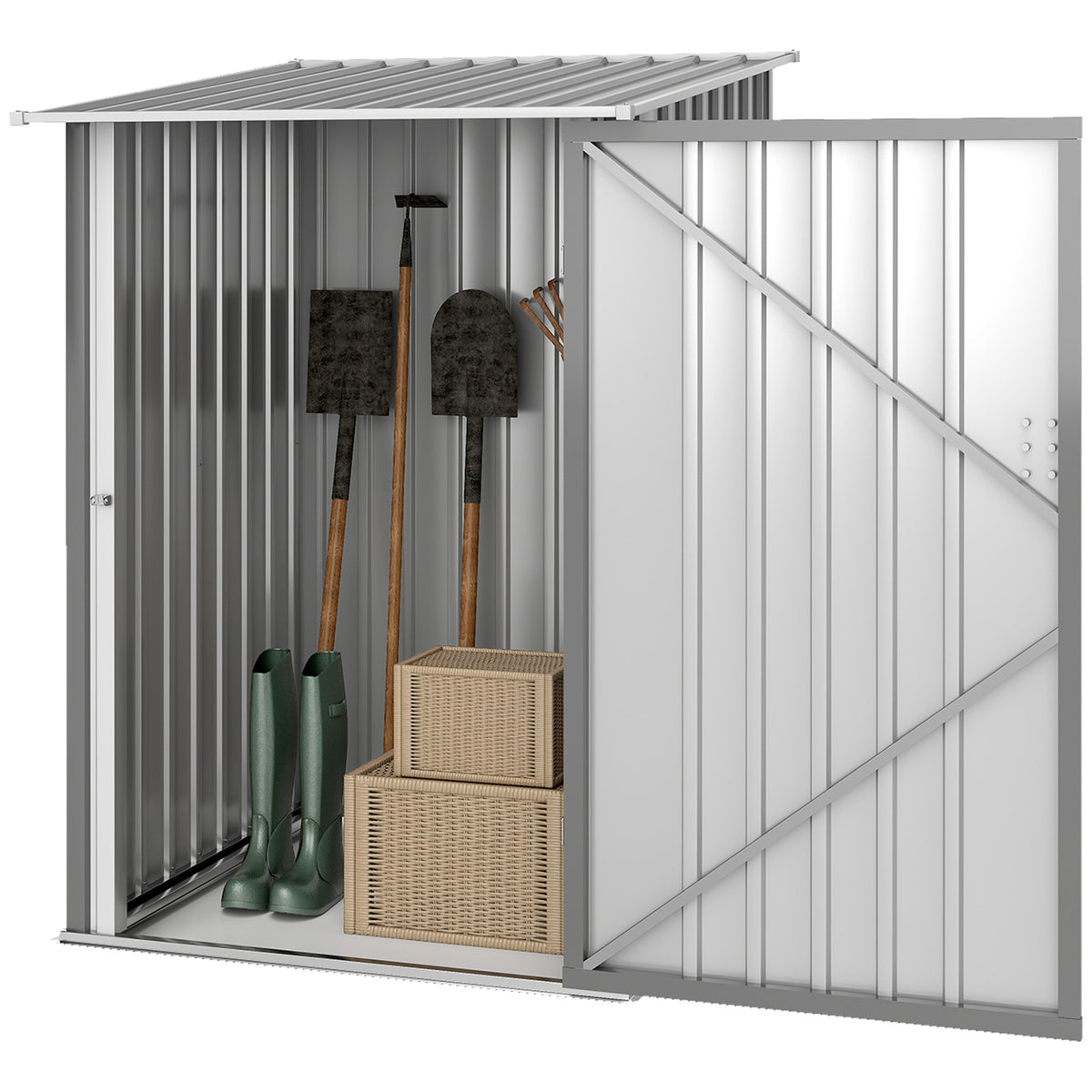 3.3' x 3.4' Lean-to Outdoor Garden Storage Shed, Galvanized Steel with Lockable Door for Patio – Grey