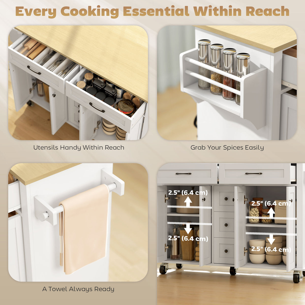 Kitchen Island Cart with Power Outlet & Drop Leaf – 55"W x 35"H