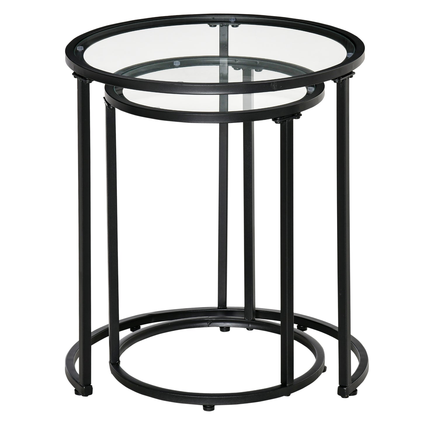 Modern Black Nesting Coffee Tables Set: Round Tempered Glass Top