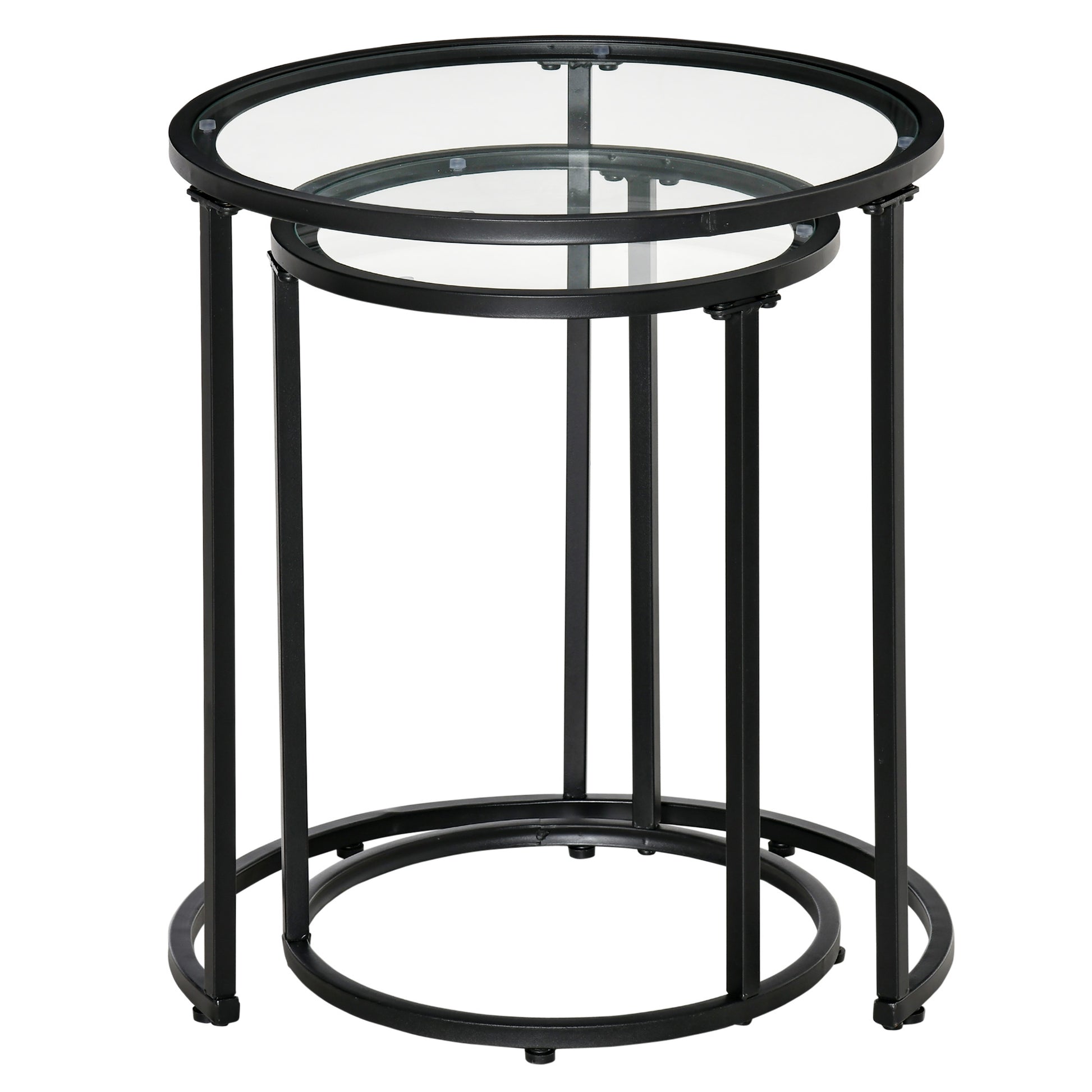 Modern Black Nesting Coffee Tables Set: Round Tempered Glass Top