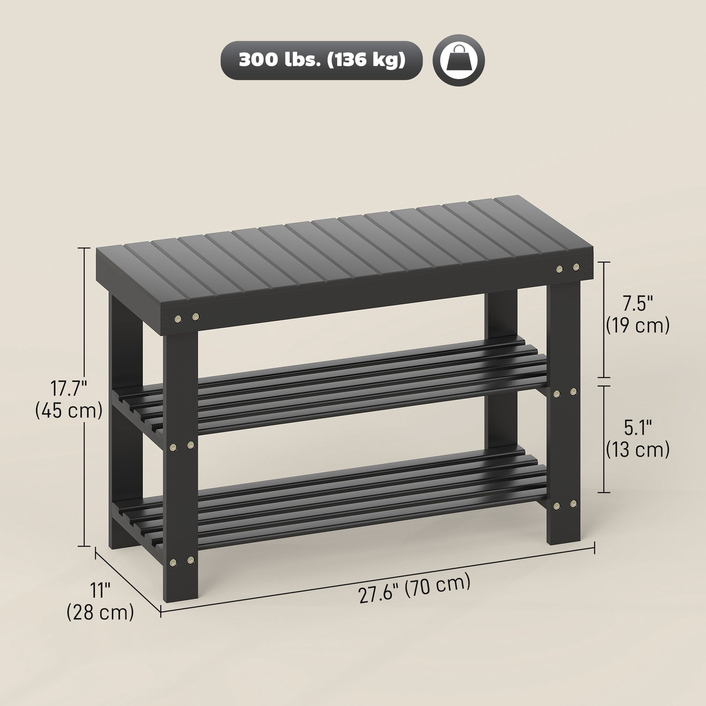 HOMCOM Black Bamboo 3-Tier Entryway Shoe Storage Bench, 6 Pair Capacity