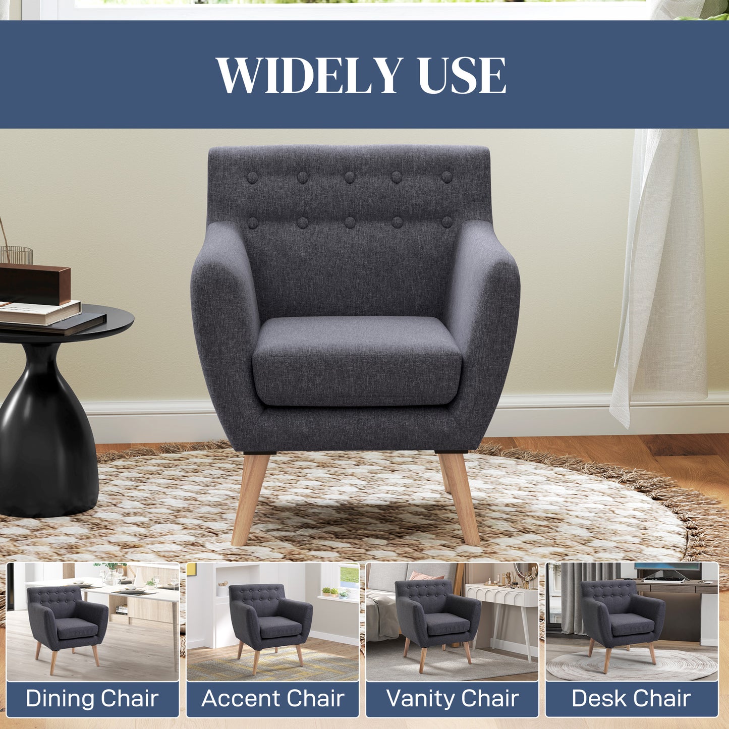 HOMCOM Mid-Century Modern Dark Grey Tufted Linen Accent Arm Chair with Wood Legs